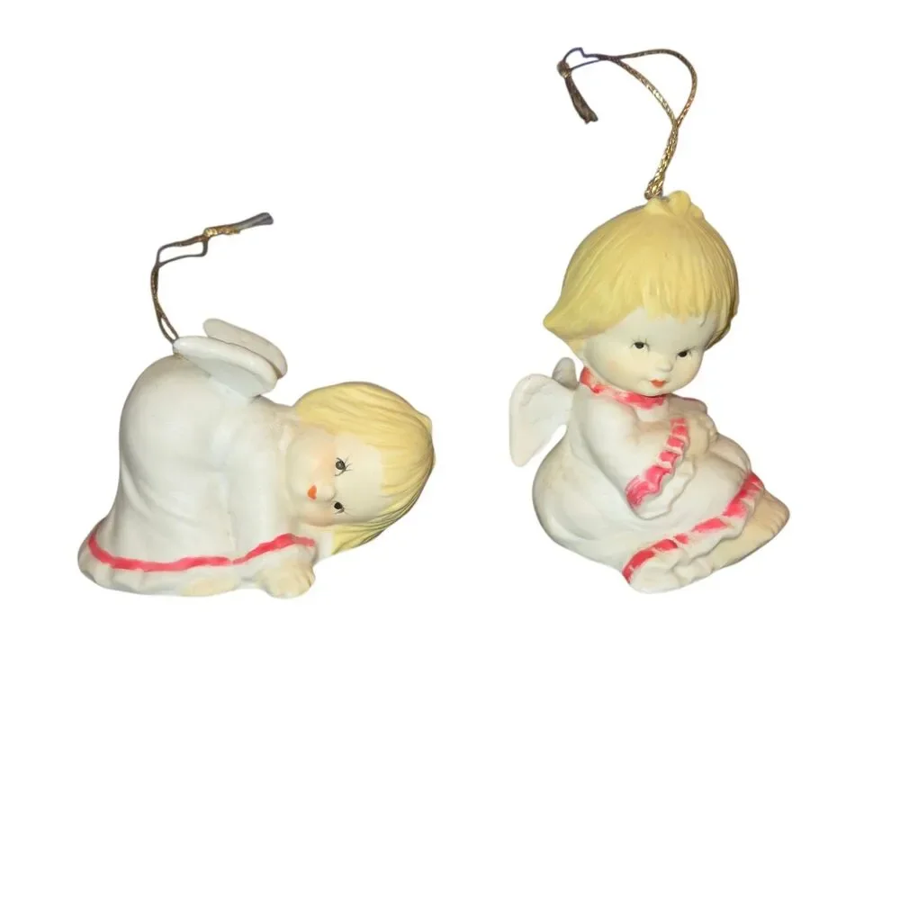 Vintage Pair of Red & White Porcelain Angel‎ Baby Cherub Christmas Ornaments